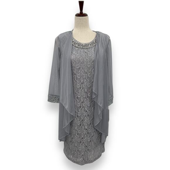 NEW R&M Richards Dress Set Size 8 Gray Cascading 3/4 Sleeve Lace Jacket Cardigan - Picture 9 of 16